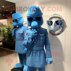 Sky Blue Air Force Soldier mascot costume character dressed with a Cover-up and Berets