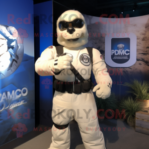 White Para Commando mascot costume character dressed with a Rash Guard and Belts