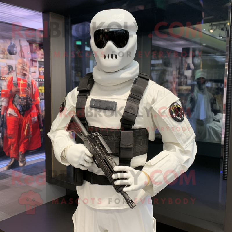 White Para Commando mascot costume character dressed with a Rash Guard and Belts