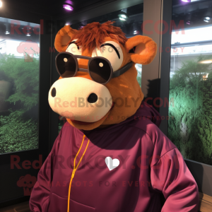 Maroon Jersey Cow mascot costume character dressed with a Windbreaker and Eyeglasses