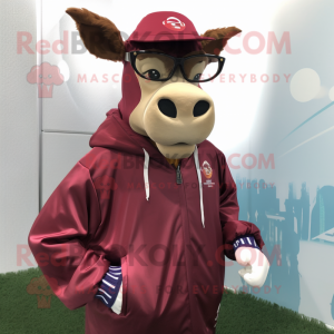 Maroon Jersey Cow mascot costume character dressed with a Windbreaker and Eyeglasses