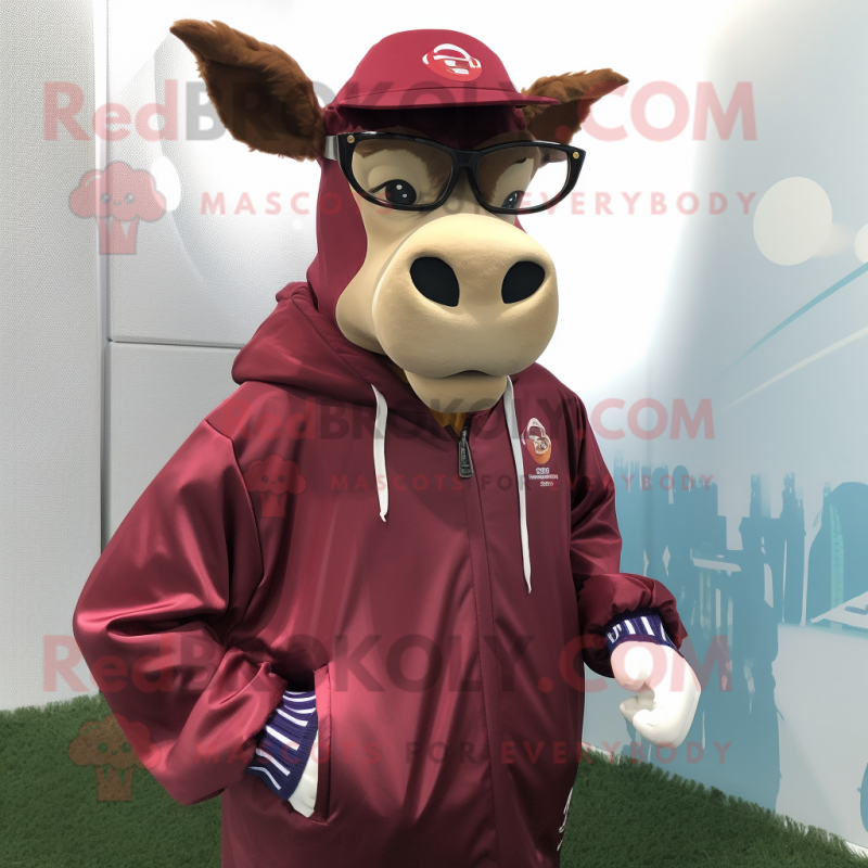 Maroon Jersey Cow mascot costume character dressed with a Windbreaker and Eyeglasses Maroon Jersey Cow mascot costume character dressed with a Windbreaker and Eyeglasses