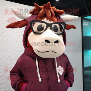 Maroon Jersey Cow mascot costume character dressed with a Windbreaker and Eyeglasses