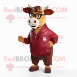 Maroon Jersey Cow mascot costume character dressed with a Windbreaker and Eyeglasses