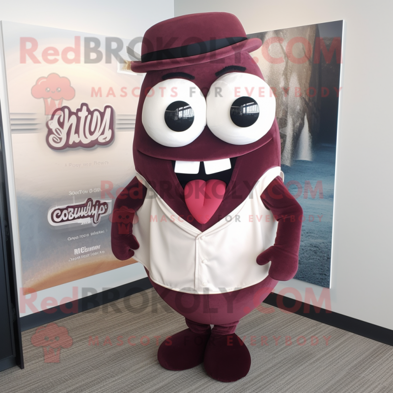 Maroon Clam Chowder mascot costume character dressed with a Vest and Ties