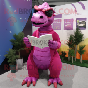 Magenta Iguanodon mascot costume character dressed with a Evening Gown and Reading glasses