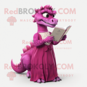 Magenta Iguanodon mascot costume character dressed with a Evening Gown and Reading glasses