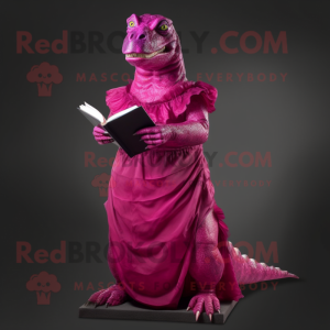 Magenta Iguanodon mascot costume character dressed with a Evening Gown and Reading glasses