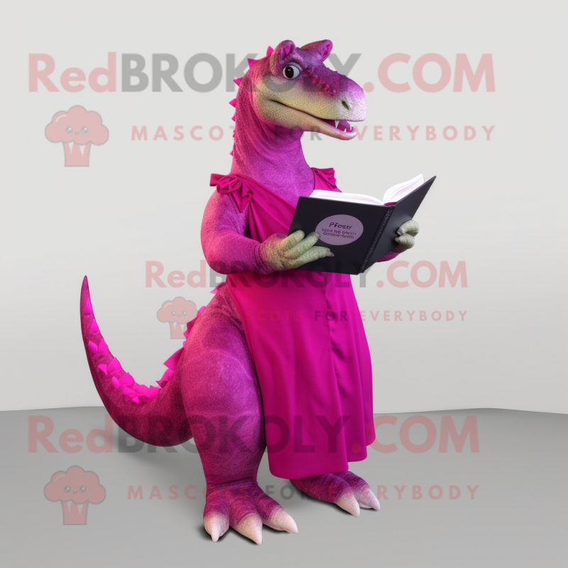 Magenta Iguanodon mascot costume character dressed with a Evening Gown and Reading glasses