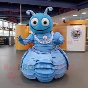 Sky Blue Trilobite mascot costume character dressed with a Circle Skirt and Belts