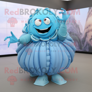 Sky Blue Trilobite mascot costume character dressed with a Circle Skirt and Belts