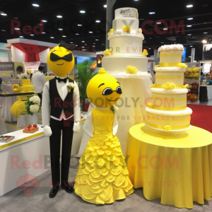 Lemon Yellow Wedding Cake mascot costume character dressed with a Tuxedo and Handbags