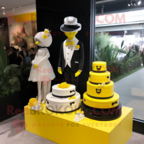 Lemon Yellow Wedding Cake mascot costume character dressed with a Tuxedo and Handbags