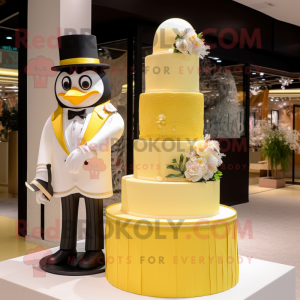 Lemon Yellow Wedding Cake mascot costume character dressed with a Tuxedo and Handbags