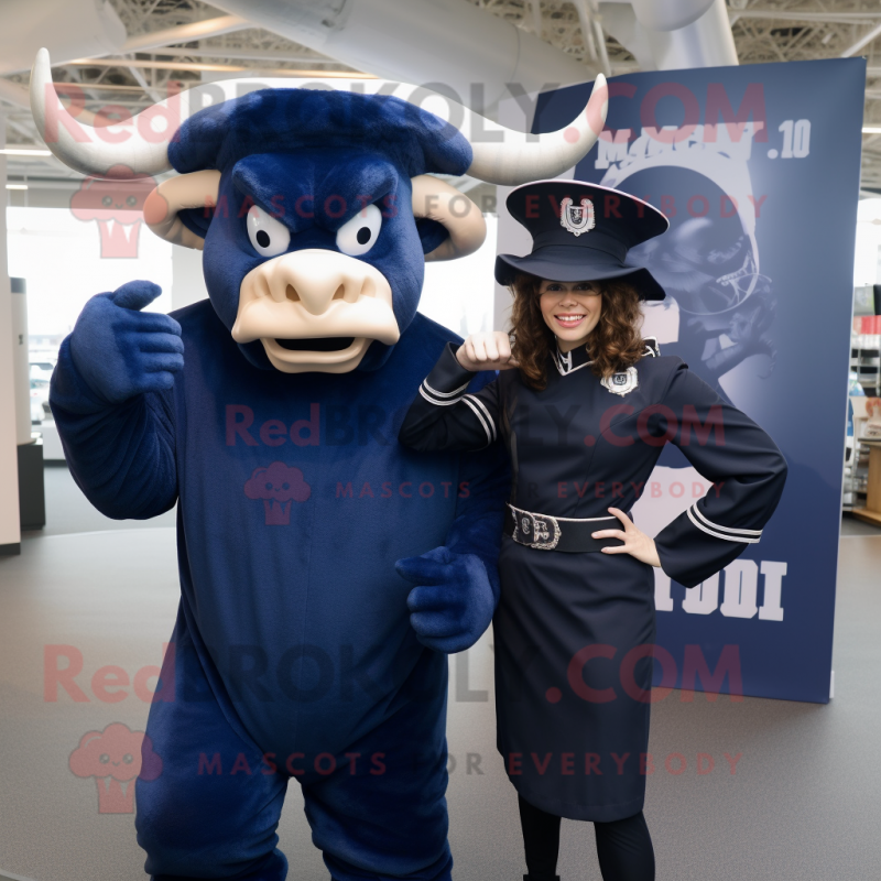 Navy Minotaur mascot costume character dressed with a Midi Dress and Hats