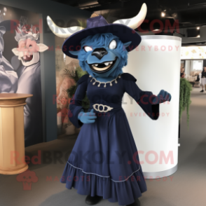 Navy Minotaur mascot costume character dressed with a Midi Dress and Hats