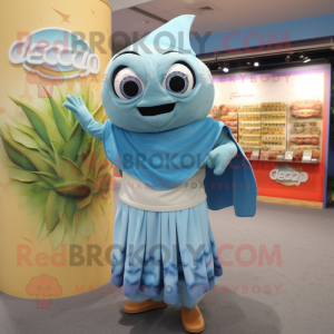 Sky Blue Ceviche mascot costume character dressed with a Wrap Skirt and Ties