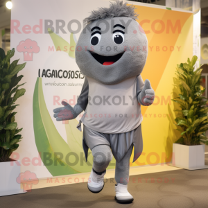 Gray Mango mascot costume character dressed with a Joggers and Wraps