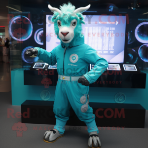 Turquoise Goat mascot costume character dressed with a Romper and Digital watches