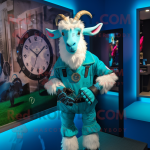 Turquoise Goat mascot costume character dressed with a Romper and Digital watches