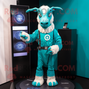 Turquoise Goat mascot costume character dressed with a Romper and Digital watches