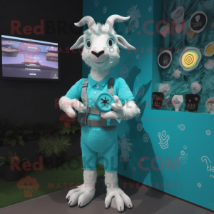 Turquoise Goat mascot costume character dressed with a Romper and Digital watches