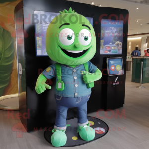 Green Juggle mascot costume character dressed with a Denim Shorts and Digital watches