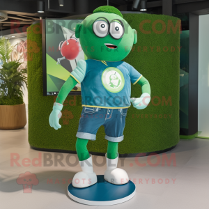 Green Juggle mascot costume character dressed with a Denim Shorts and Digital watches