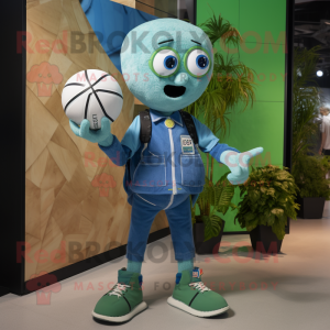 Green Juggle mascot costume character dressed with a Denim Shorts and Digital watches
