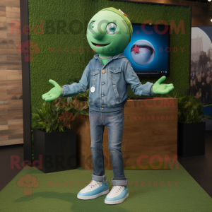 Green Juggle mascot costume character dressed with a Denim Shorts and Digital watches
