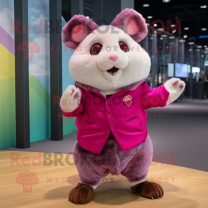 Magenta Hamster mascot costume character dressed with a Dress Shirt and Foot pads