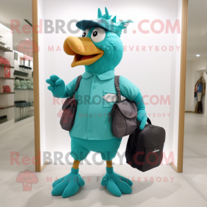 Teal Chicken mascot costume character dressed with a Bermuda Shorts and Messenger bags