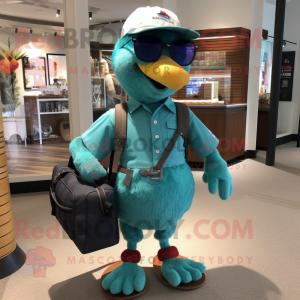 Teal Chicken mascot costume character dressed with a Bermuda Shorts and Messenger bags