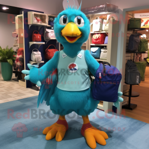 Teal Chicken mascot costume character dressed with a Bermuda Shorts and Messenger bags