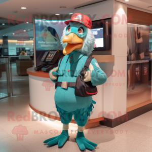 Teal Chicken mascot costume character dressed with a Bermuda Shorts and Messenger bags