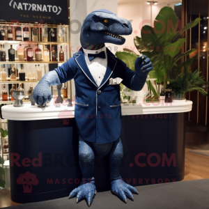 Navy Tyrannosaurus mascot costume character dressed with a Cocktail Dress and Cufflinks