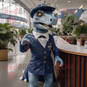 Navy Tyrannosaurus mascot costume character dressed with a Cocktail Dress and Cufflinks