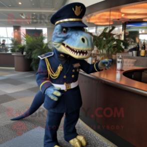 Navy Tyrannosaurus mascot costume character dressed with a Cocktail Dress and Cufflinks