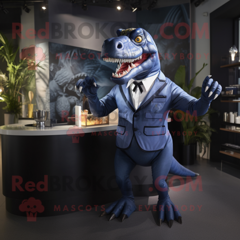 Navy Tyrannosaurus mascot costume character dressed with a Cocktail Dress and Cufflinks