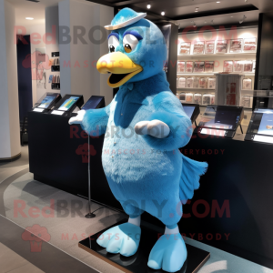 Blue Chicken mascot costume character dressed with a Culottes and Earrings