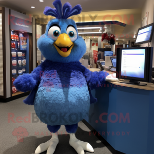 Blue Chicken mascot costume character dressed with a Culottes and Earrings