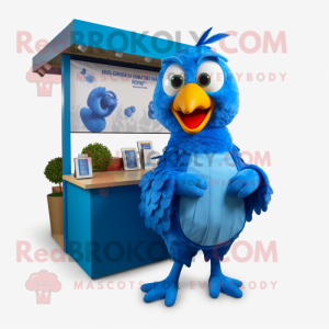 Blue Chicken mascot costume character dressed with a Culottes and Earrings