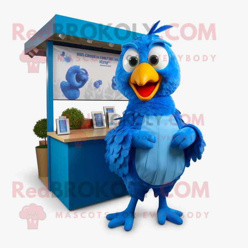 Blue Chicken mascot costume character dressed with a Culottes and Earrings Blue Chicken mascot costume character dressed with a Culottes and Earrings