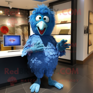 Blue Chicken mascot costume character dressed with a Culottes and Earrings