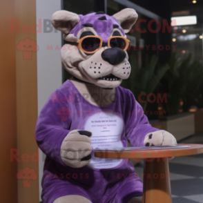 Purple Thylacosmilus mascot costume character dressed with a Bodysuit and Reading glasses