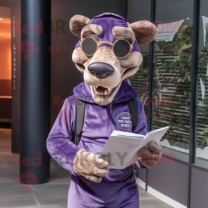 Purple Thylacosmilus mascot costume character dressed with a Bodysuit and Reading glasses