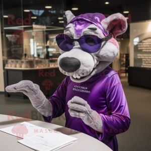 Purple Thylacosmilus mascot costume character dressed with a Bodysuit and Reading glasses