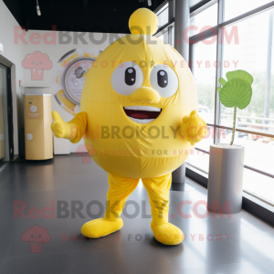 Lemon Yellow Human Cannon Ball mascot costume character dressed with a Jumpsuit and Brooches