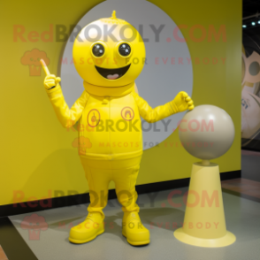 Lemon Yellow Human Cannon Ball mascot costume character dressed with a Jumpsuit and Brooches