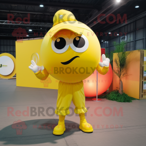 Lemon Yellow Human Cannon Ball mascot costume character dressed with a Jumpsuit and Brooches